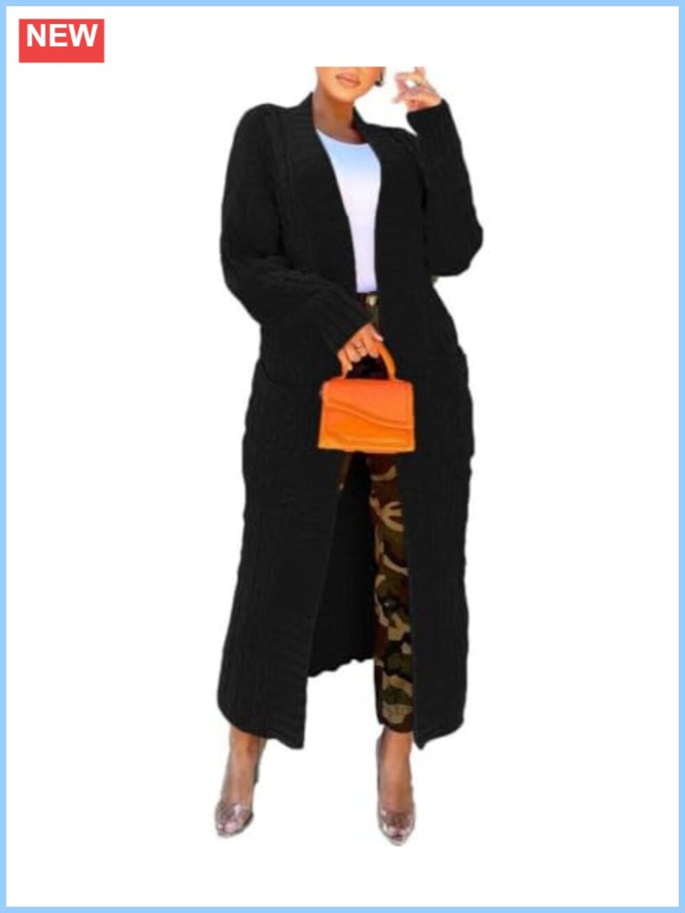 Cable Knit Open Front Cardigan Long Sleeve Floor Length Pockets
